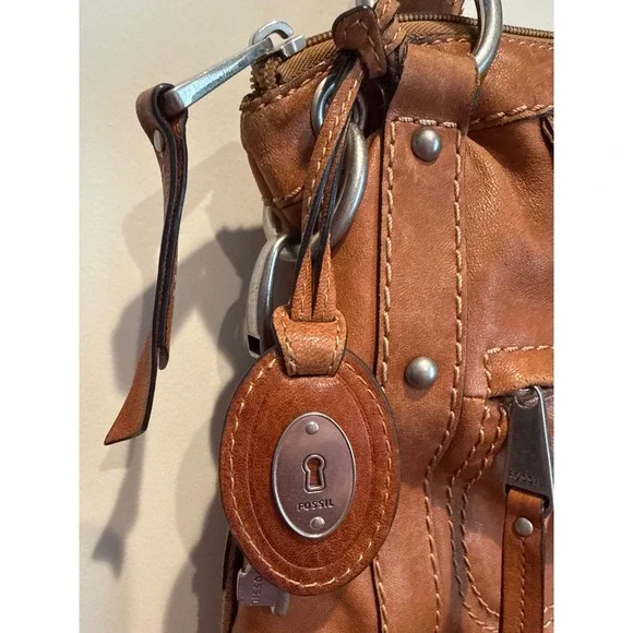 Fossil Long Live Vintage 1954 Cognac Brown Leather Hobo Shoulder Bag Large *flaw - Picture 2 of 8